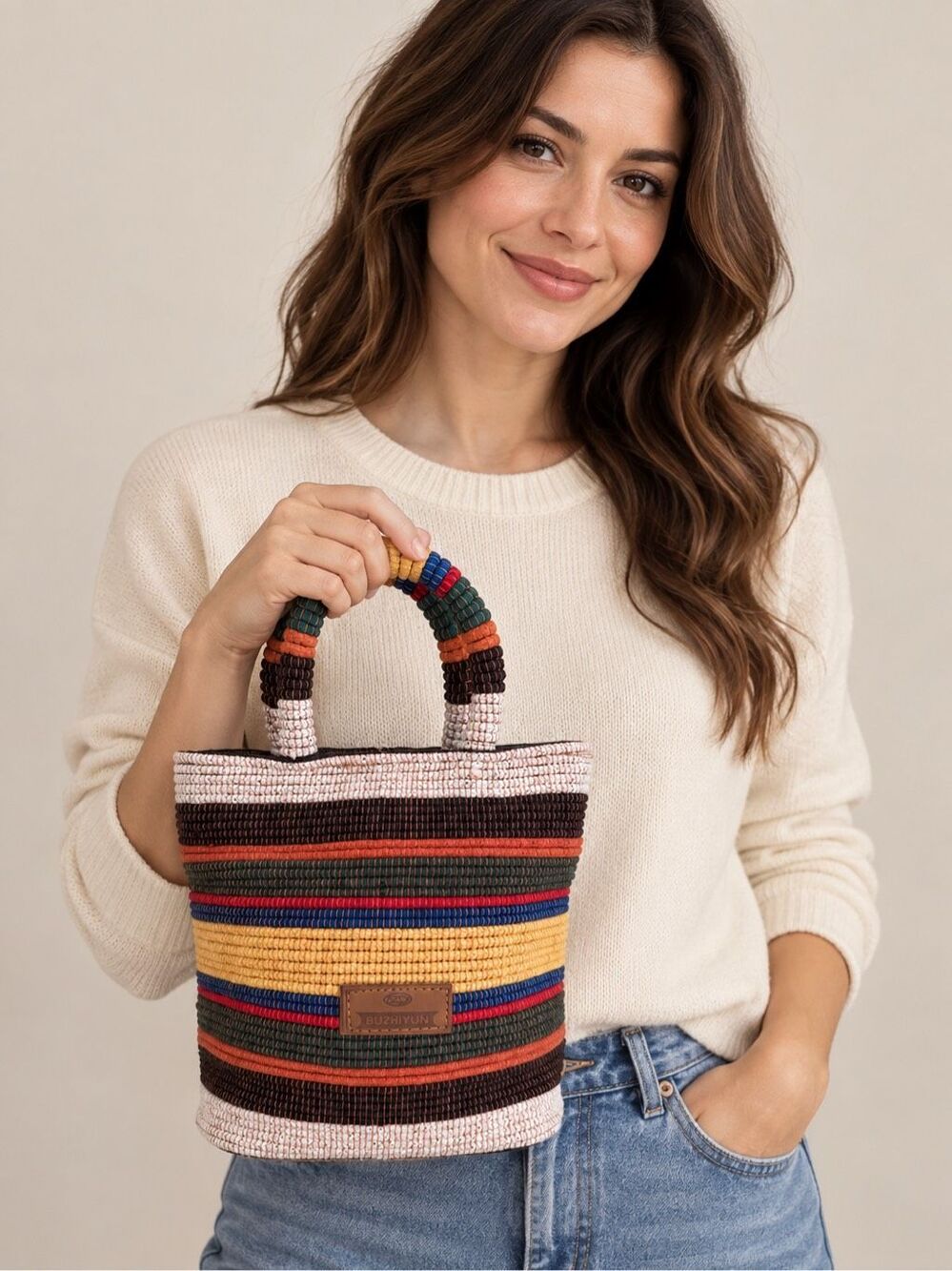 Buzhiyun Multicolor Woven Cotton Mini Tote Bag Boho Striped Handbag